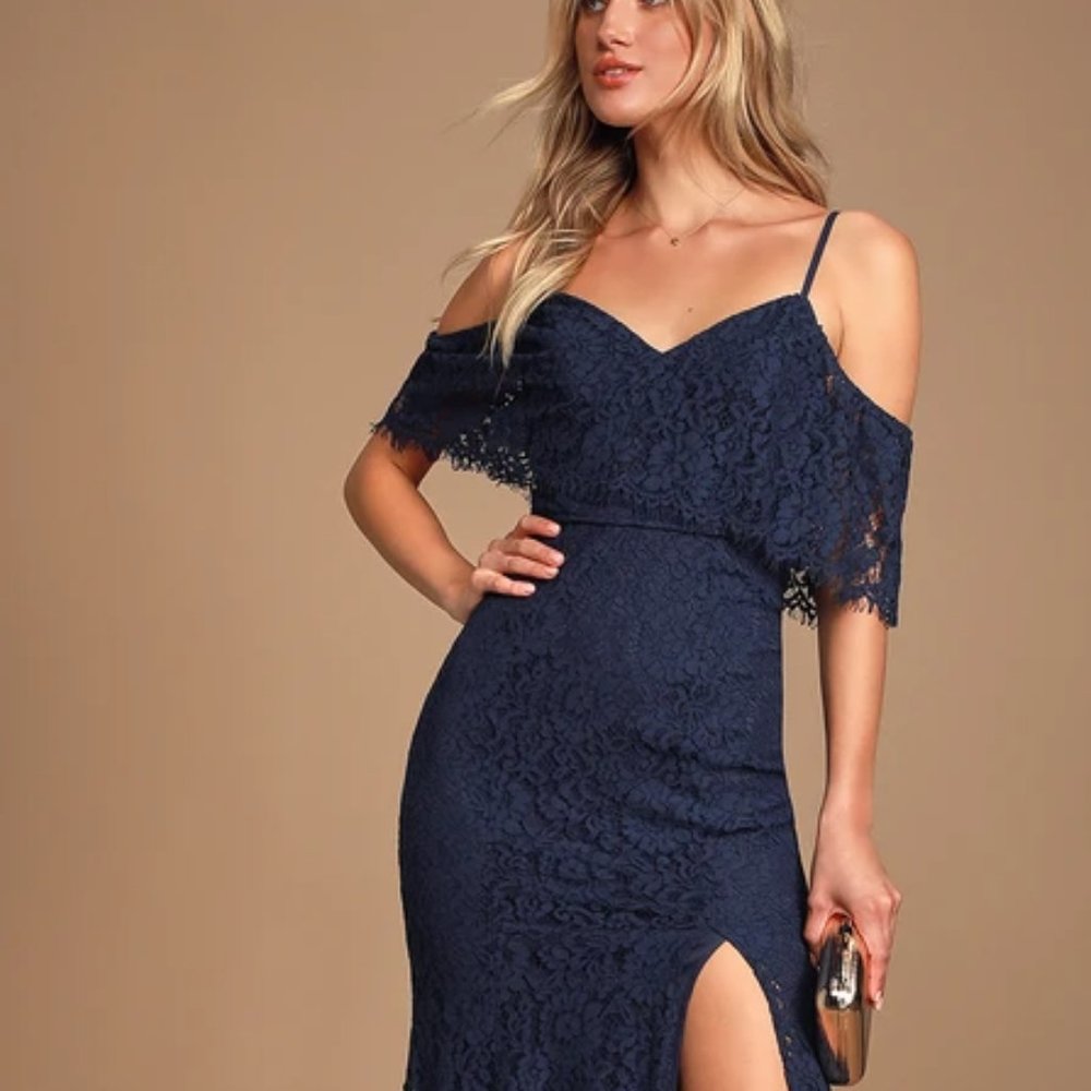 Caterina Navy Blue Lace Off-the-Shoulder Maxi Dress